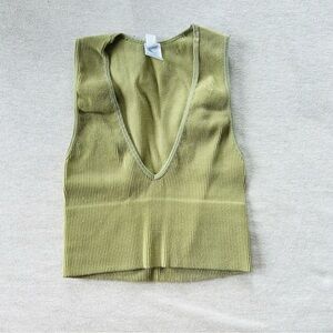 Olive Ribbed V-Neck Tank Top